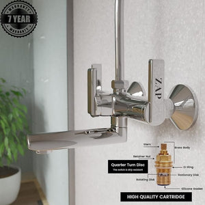 ZAP Ultra Cube Series High Grade 100% Brass 2-in-1 Wall Mixer with Overhead Shower Set and 125mm Long Bend Pipe | Hot/Cold Knobs with Chrome Finish and Faucet Cleaner