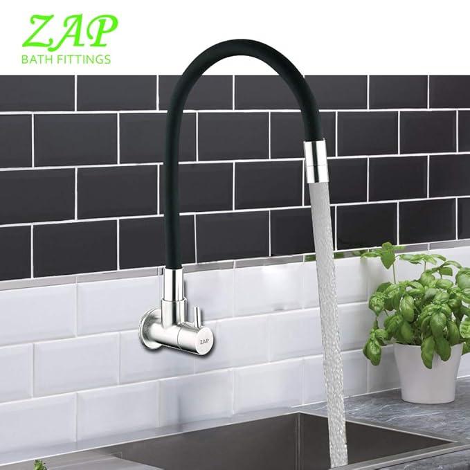 ZAP Brezza Flexible Kitchen Sink Tap with Pull-Down Sprayer | 360° Rotatable Silicone Faucet | Single Flow Water Outlet | Black | Durable Brass Body
