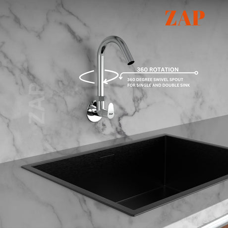 ZAP Pluto Heavy Wall-Mount Kitchen Sink Tap with 360° Swivel Spout | Chrome Finish Brass Sink Cock with Flange | 7-Year Warranty | Kitchen & Basin Tap
