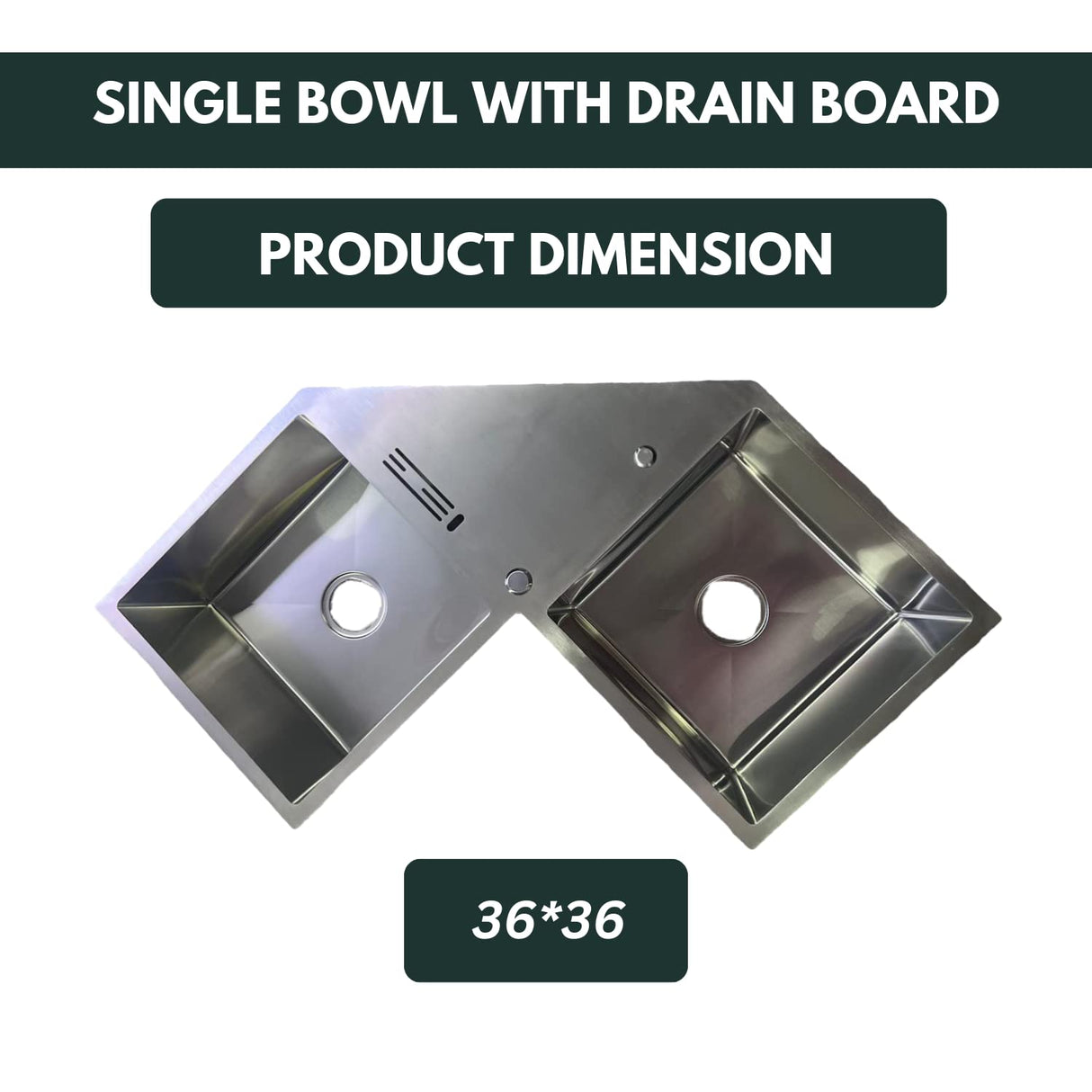 ZAP Millennium Series 36x36 Inch Kitchen Sink with Drain Board | 304 Grade Stainless Steel Single Bowl Sink | Includes Waste Kit, Pipe & Basket Drainer