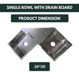 ZAP Millennium Series 36x36 Inch Kitchen Sink with Drain Board | 304 Grade Stainless Steel Single Bowl Sink | Includes Waste Kit, Pipe & Basket Drainer