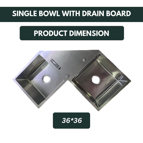 ZAP Millennium Series 36x36 Inch Kitchen Sink with Drain Board | 304 Grade Stainless Steel Single Bowl Sink | Includes Waste Kit, Pipe & Basket Drainer