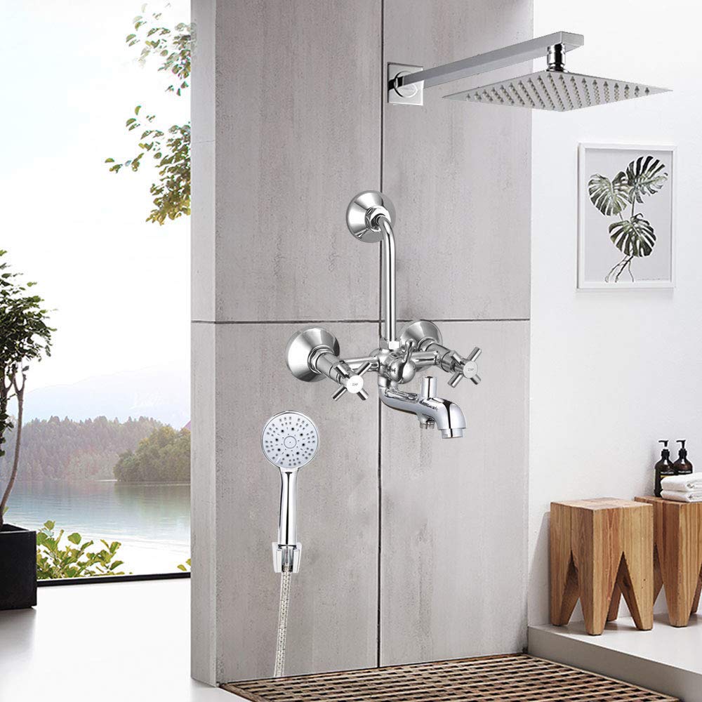 ZAP Deluxe Series 3-in-1 Wall Mixer Tap | 100% Brass Bathroom Fitting with Shower Arms, Overhead Shower, Hand Shower & 1.5m Hose | Chrome Finish | Wall Mounted | Made in India