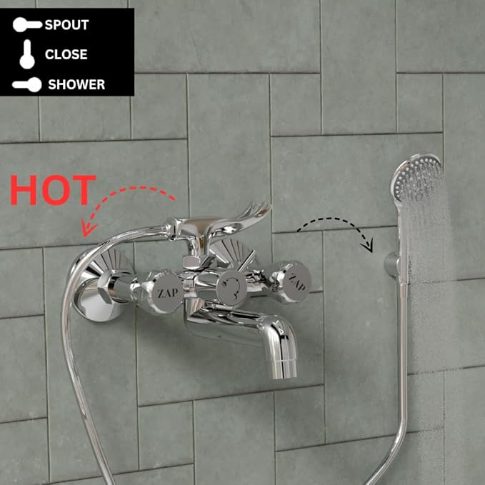 ZAP Continental Series Brass Wall Mixer with Clutch | Multi-Function Hand Shower & 1.5m Flexible Hose Tube | Premium Bathroom Fitting