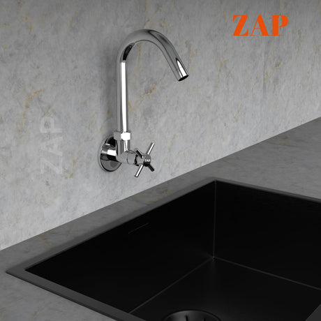 ZAP Caster Wall-Mount Kitchen Sink Tap with 360° Swivel Spout | Chrome Finish Brass Sink Cock with Flange | 7-Year Warranty | Tap for Kitchen Sink & Basin