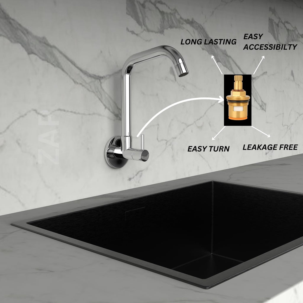 ZAP Elixir Kitchen Sink Tap with Wall Flange | 360° Swivel Spout | Brass Sink Cock Tap for Basin & Kitchen Sink | Chrome Finish | 7-Year Warranty