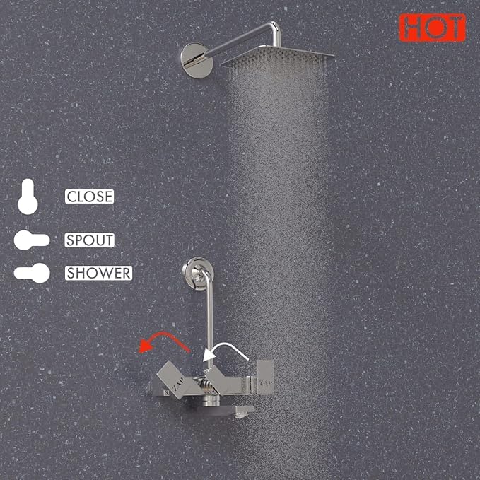 ZAP SKODA Series Full Brass Wall Mixer with Overhead Shower System and 125mm Bend Pipe for Bathroom – Chrome Finish