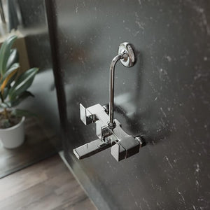 ZAP SKODA Series 100% Full Brass Wall Mixer with Overhead Shower System Set and 125mm Long Bend Pipe for Bathroom | Chrome Finish | Complete Wall Mounted Bath Fitting