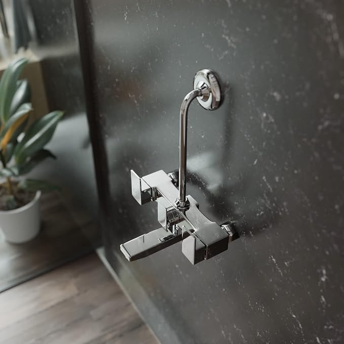 ZAP Skoda Full Brass Chrome Plated 2-in-1 Wall Mixer with Provision for Overhead Shower and Long Bend Pipe for Bathroom | Sleek Wall Mounted Bath Fitting | Rust-Resistant & Durable Design
