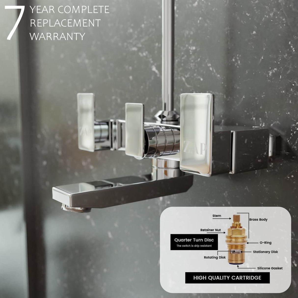 ZAP SKODA Series 100% Full Brass Wall Mixer with Overhead Shower System Set and 125mm Long Bend Pipe for Bathroom | Chrome Finish | Complete Wall Mounted Bath Fitting