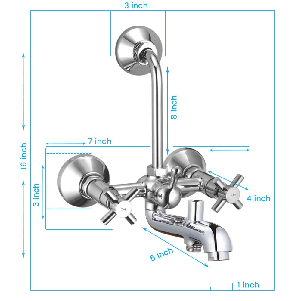ZAP Deluxe Series 3-in-1 Wall Mixer Tap | 100% Brass Bathroom Fitting with Shower Arms, Overhead Shower, Hand Shower & 1.5m Hose | Chrome Finish | Wall Mounted | Made in India
