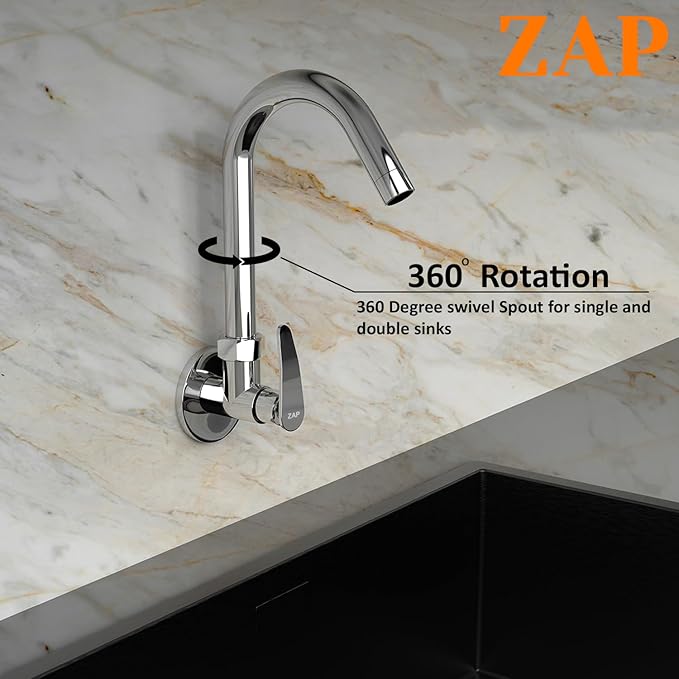 ZAP Arrow Kitchen Sink Tap with Wall Flange | 360° Swivel Spout | Brass Sink Cock for Kitchen & Basin | Chrome Finish | 7-Year Warranty