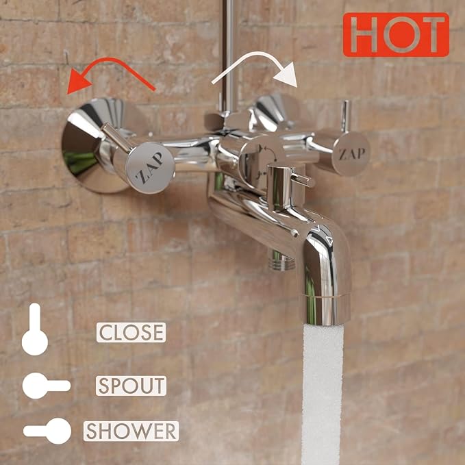ZAP Elixir Series 100% High Grade Brass 3-in-1 Wall Mixer with Provision for Overhead Shower and 125mm Long Bend Pipe, Chrome Finish