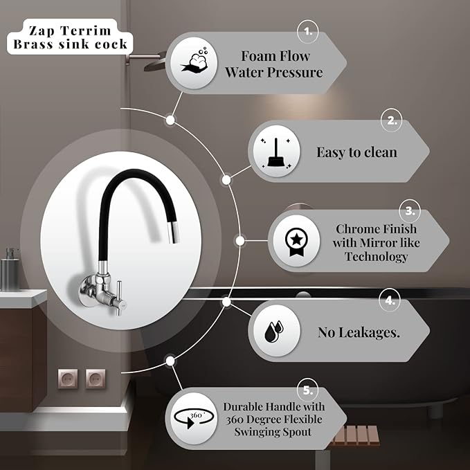 ZAP Terrim Flexible Kitchen Sink Tap with Pull-Down Sprayer | 360° Rotatable Silicone Faucet | Single Flow Water Outlet | Black | Durable Brass Body