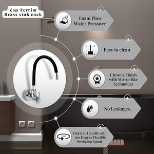 ZAP Terrim Flexible Kitchen Sink Tap with Pull-Down Sprayer | 360° Rotatable Silicone Faucet | Single Flow Water Outlet | Black | Durable Brass Body