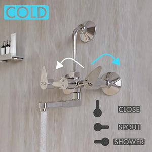 Zap Nova 2 In 1 Brass Wall Mixer with Provision for Overhead Shower and 125 mm Long Bend Pipe – Visible Hot/Cold with Faucet Cleaner Knobs