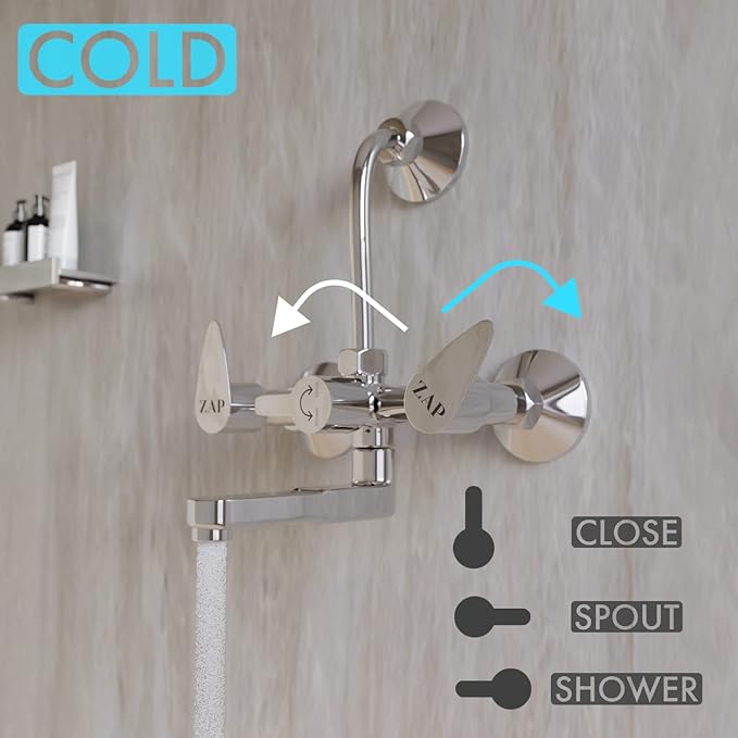 Zap Nova 2 In 1 Brass Wall Mixer with Provision for Overhead Shower and 125 mm Long Bend Pipe – Visible Hot/Cold with Faucet Cleaner Knobs