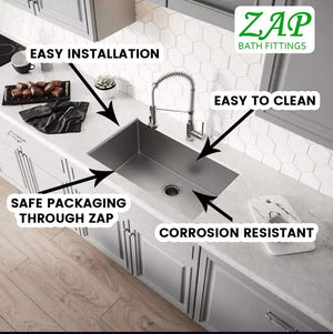ZAP Hexa Series 304 Grade Stainless Steel Kitchen Sink | Single Bowl | Satin/Matte Finish | Square Coupling | Rust-Proof & Durable | Premium Quality (24 x 18 x 10 Inch)