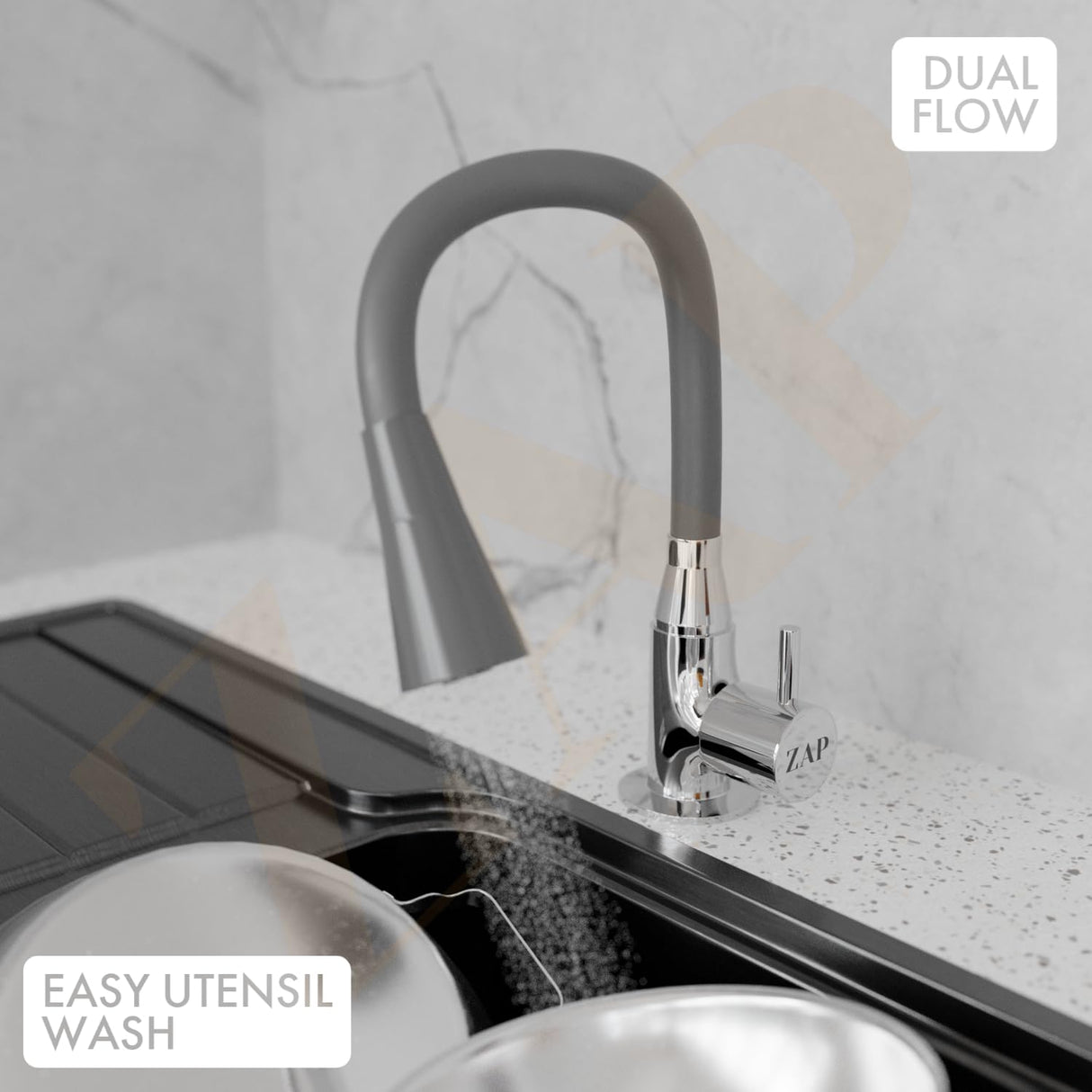 ZAP Swan Neck with Flexible Swivel Spout | Dual Flow Kitchen Sink Tap | Silicone Spout Brass Faucet | Tap for Kitchen Sink | Modern Sink Cock | Wash Basin Tap | Pillar Tap (Grey)