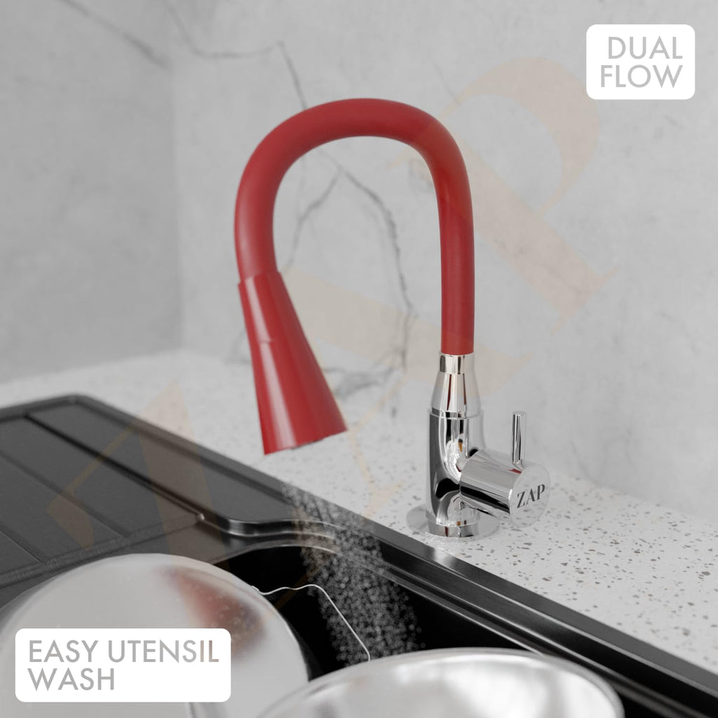 ZAP Swan Neck with Flexible Swivel Spout | Dual Flow Kitchen Sink Tap | Silicone Spout Brass Faucet | Tap for Kitchen Sink | Modern Sink Cock | Wash Basin Tap | Pillar Tap (Red)