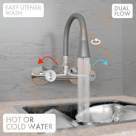 ZAP Elixir Series Sink Mixer – Brass Kitchen Faucet with 7-Inch Flexible Silicone Spout | Dual Flow Hot & Cold Water Tap | Counter Mount Sink Mixer for Modern Kitchens