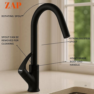 ZAP Rose Gold Swan Neck Kitchen Sink Tap – 360° Swivel Spout, Brass Pillar Faucet for Kitchen & Wash Basin