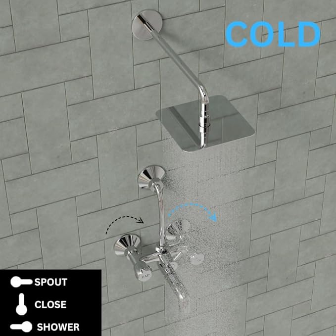 ZAP Continental Series Brass Wall Mixer with 3-Function Diverter | 4x4 Inch Overhead Shower Set with 125mm Bend Pipe | Premium Chrome Finish | Bathroom Fittings Combo Set