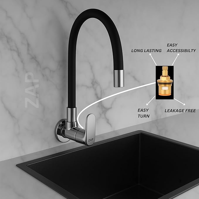 ZAP Opel Flexible Kitchen Sink Tap with Pull-Down Sprayer | 360° Rotatable Silicone Faucet | Dual Flow Water Outlet | Black | Durable Brass Body