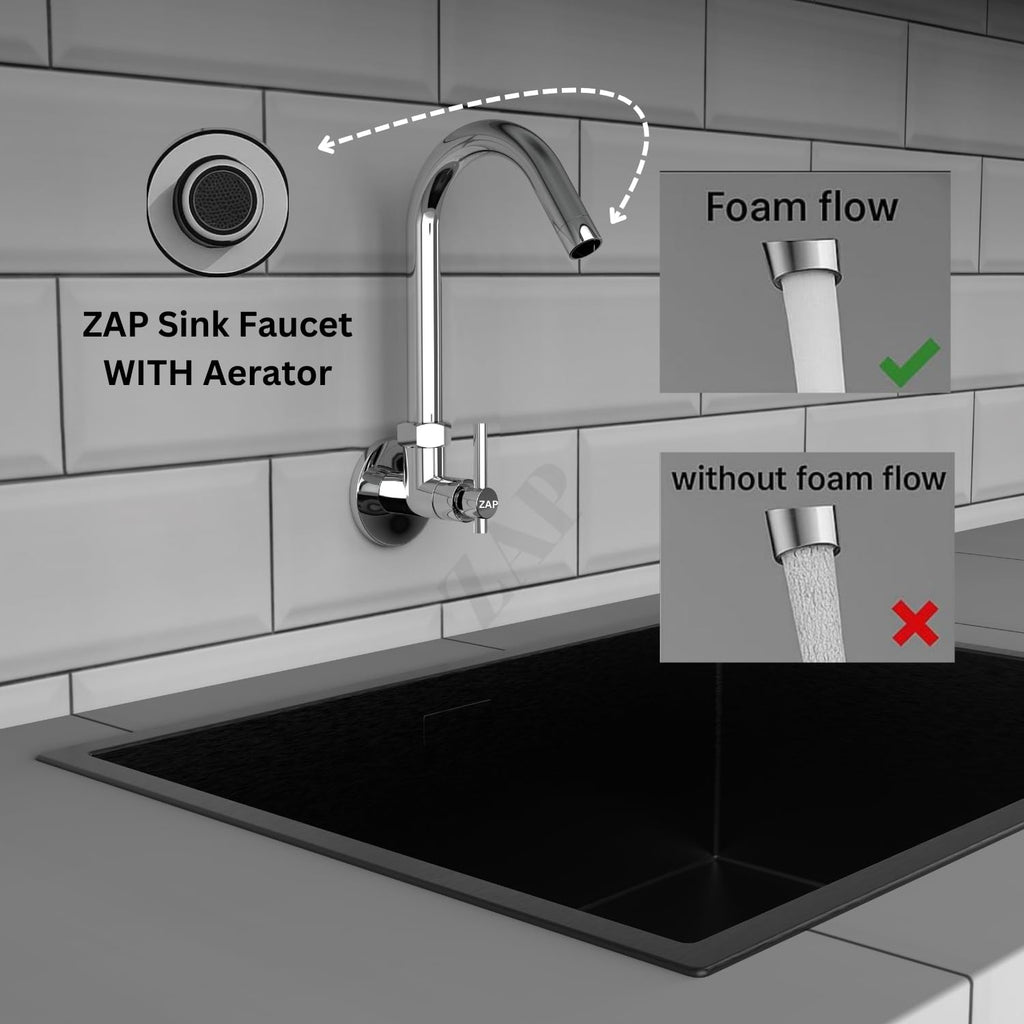 ZAP Terrim Heavy Wall-Mount Kitchen Sink Tap with 360° Swivel Spout | Chrome Finish Brass Sink Cock with Flange | 7-Year Warranty | Kitchen & Basin Faucet