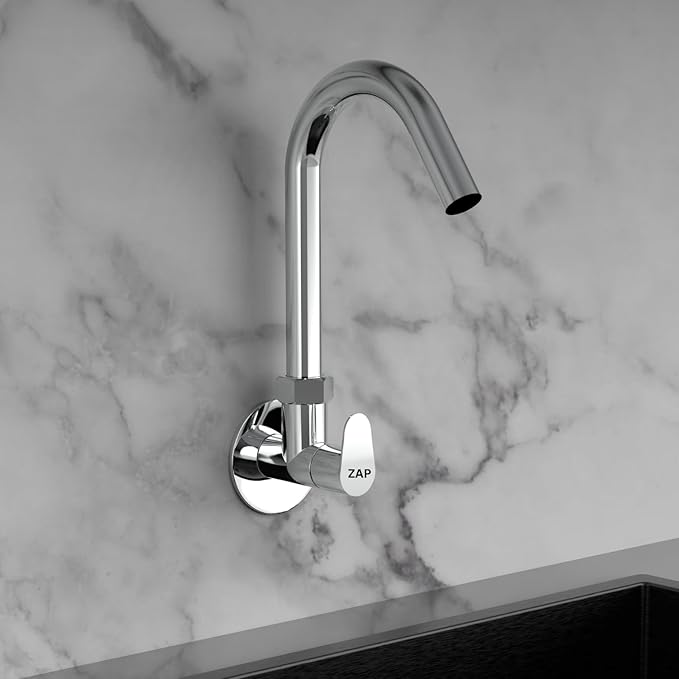 ZAP Pluto Heavy Wall-Mount Kitchen Sink Tap with 360° Swivel Spout | Chrome Finish Brass Sink Cock with Flange | 7-Year Warranty | Kitchen & Basin Tap