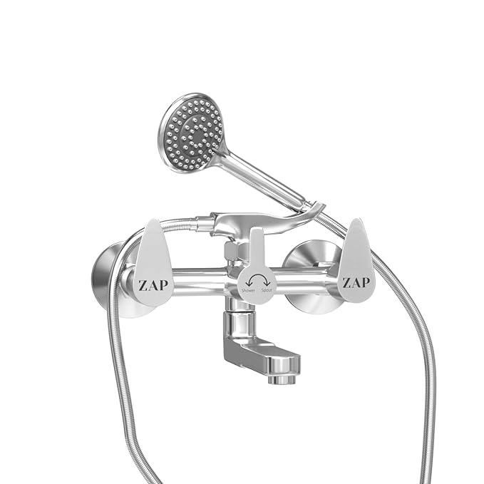 ZAP Nova Series 2-in-1 Wall Mixer with Clutch | Brass Body with Multi-Flow Hand Shower & 1.5m Stainless Steel Hose | Chrome Finish Bathroom Fixture
