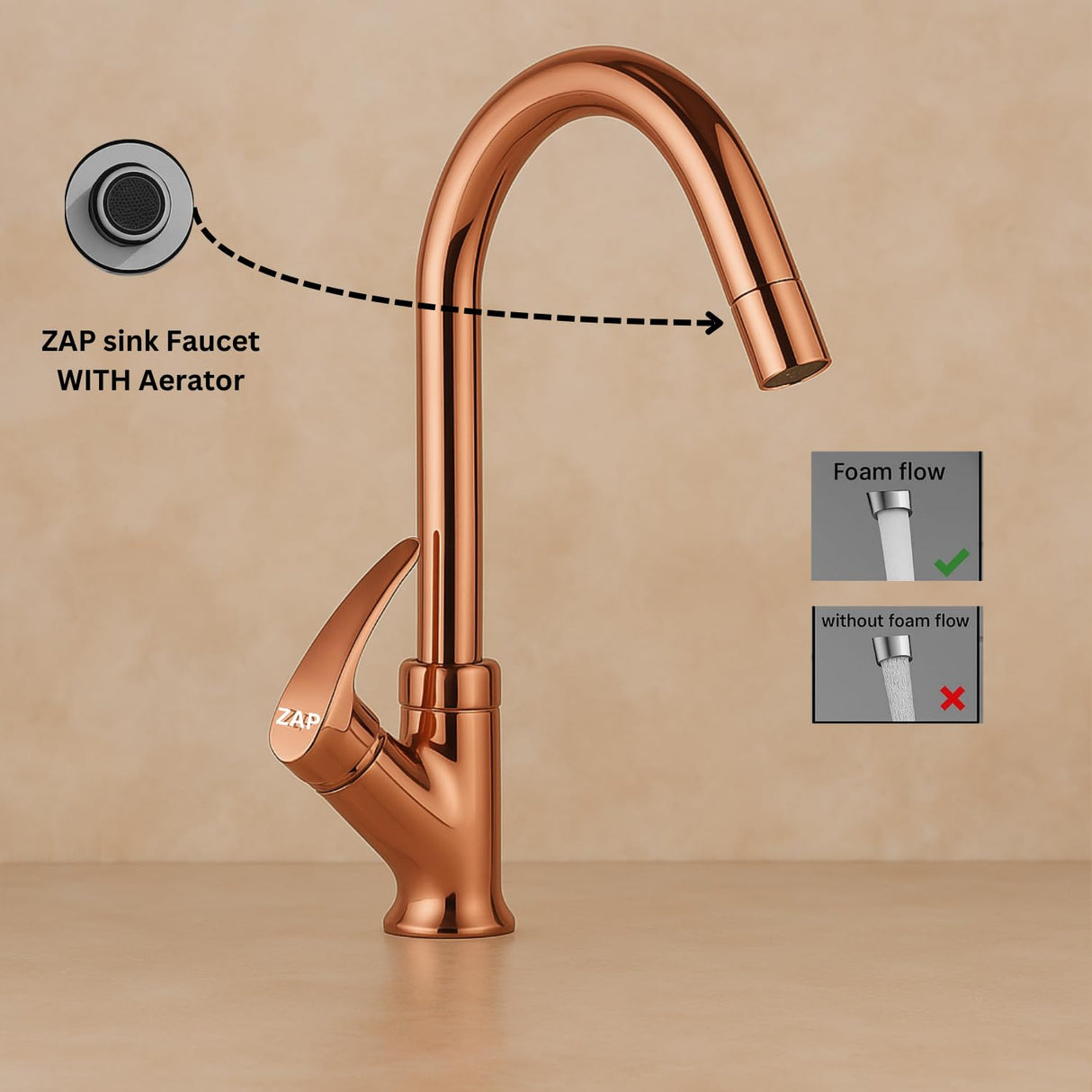 Zap Rose Gold Swan Neck Kitchen Sink Tap with 360° Swivel Spout | Premium Pillar Faucet for Kitchen & Wash Basin | Brass Tap for Sink | Sleek Design | Rust-Resistant | Easy Installation