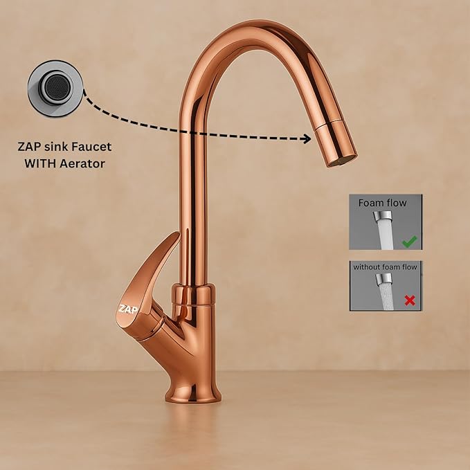 ZAP Rose Gold Swan Neck Kitchen Sink Tap – 360° Swivel Spout, Brass Pillar Faucet for Kitchen & Wash Basin