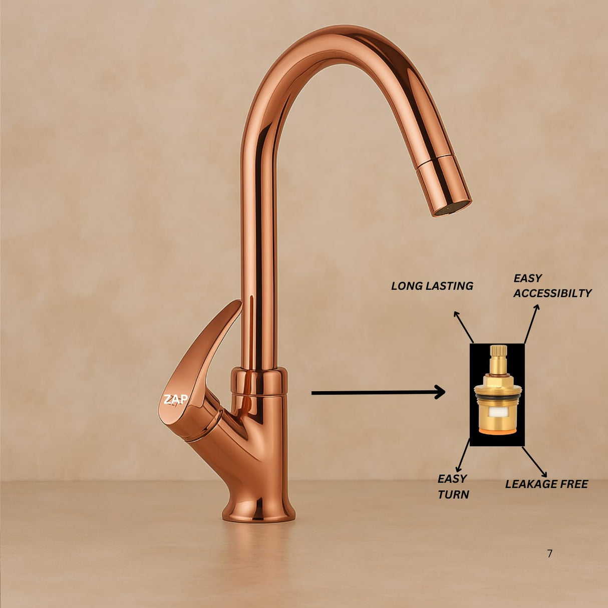 Zap Rose Gold Swan Neck Kitchen Sink Tap with 360° Swivel Spout | Premium Pillar Faucet for Kitchen & Wash Basin | Brass Tap for Sink | Sleek Design | Rust-Resistant | Easy Installation