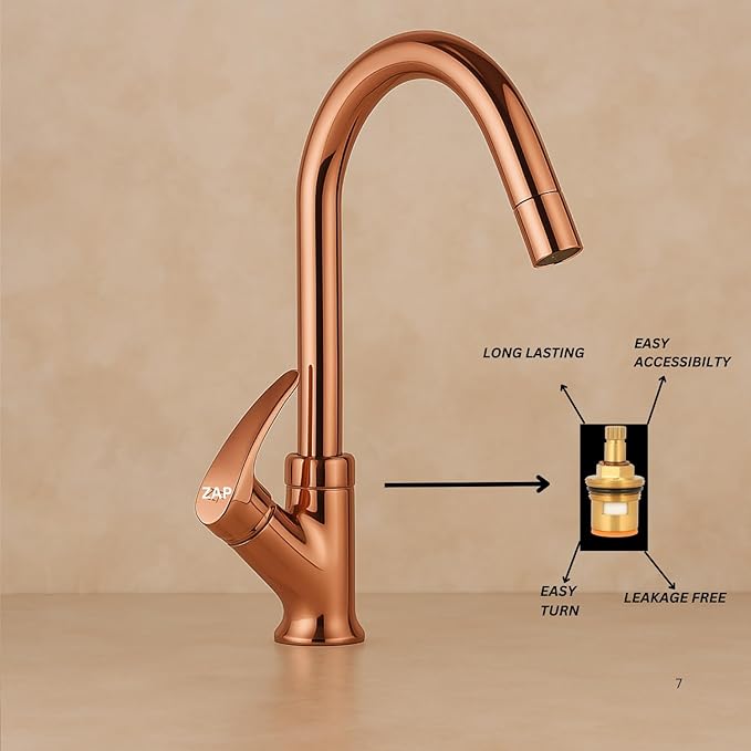 ZAP Rose Gold Swan Neck Kitchen Sink Tap – 360° Swivel Spout, Brass Pillar Faucet for Kitchen & Wash Basin