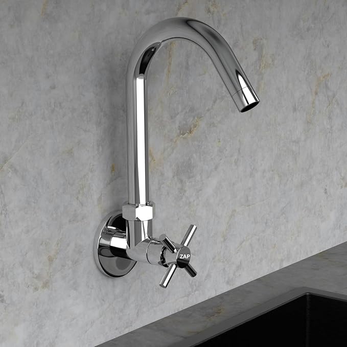 ZAP Caster Wall-Mount Kitchen Sink Tap with 360° Swivel Spout | Chrome Finish Brass Sink Cock with Flange | 7-Year Warranty | Tap for Kitchen Sink & Basin