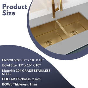 ZAP Gold Finish Stainless Steel Kitchen Sink | 37x18 cm Single Bowl Sink with Drainage Kit | Dual Water Aerator, Drainer Basket, Waste Pipe & Coupling | Large Size for Indian Kitchens