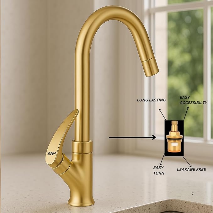 ZAP Rose Gold Swan Neck Kitchen Sink Tap – 360° Swivel Spout, Brass Pillar Faucet for Kitchen & Wash Basin