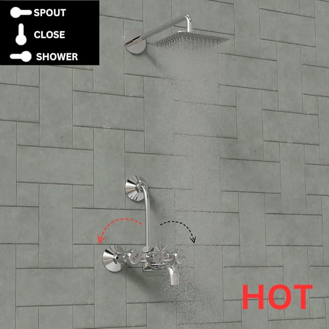 ZAP Continental Series Brass Wall Mixer with 3-Function Diverter | 4x4 Inch Overhead Shower Set with 125mm Bend Pipe | Premium Chrome Finish | Bathroom Fittings Combo Set