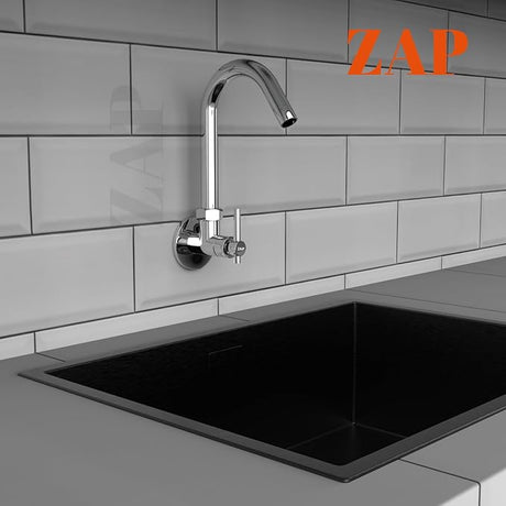 ZAP Terrim Heavy Wall-Mount Kitchen Sink Tap with 360° Swivel Spout | Chrome Finish Brass Sink Cock with Flange | 7-Year Warranty | Kitchen & Basin Faucet