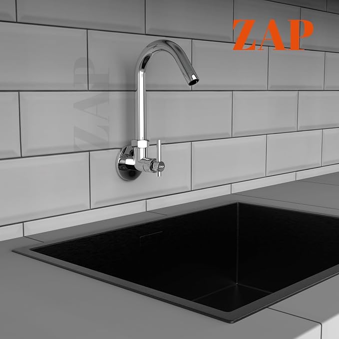 ZAP Terrim Heavy Wall-Mount Kitchen Sink Tap with 360° Swivel Spout | Chrome Finish Brass Sink Cock with Flange | 7-Year Warranty | Kitchen & Basin Faucet