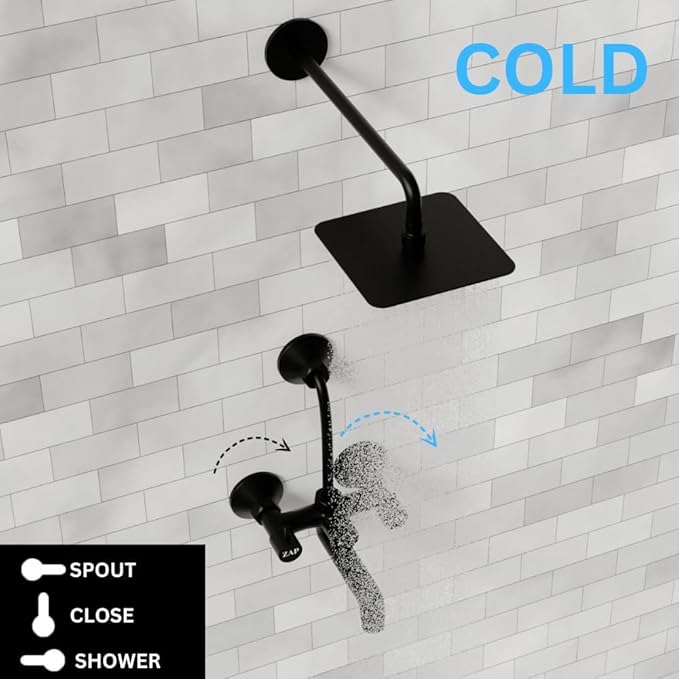 ZAP Elixir 2-in-1 Full Brass Wall Mixer for Bathroom | Matte Black Finish | Includes Long Bend Pipe for Overhead Shower | Durable & Rust Resistant | Wall-Mounted Fitting