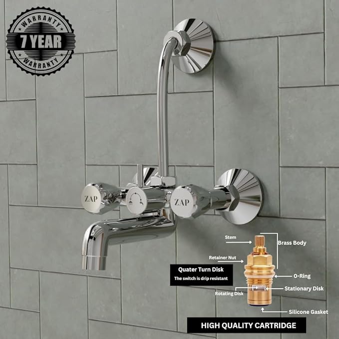 ZAP Continental Series Brass Wall Mixer with 3-Function Diverter | 4x4 Inch Overhead Shower Set with 125mm Bend Pipe | Premium Chrome Finish | Bathroom Fittings Combo Set