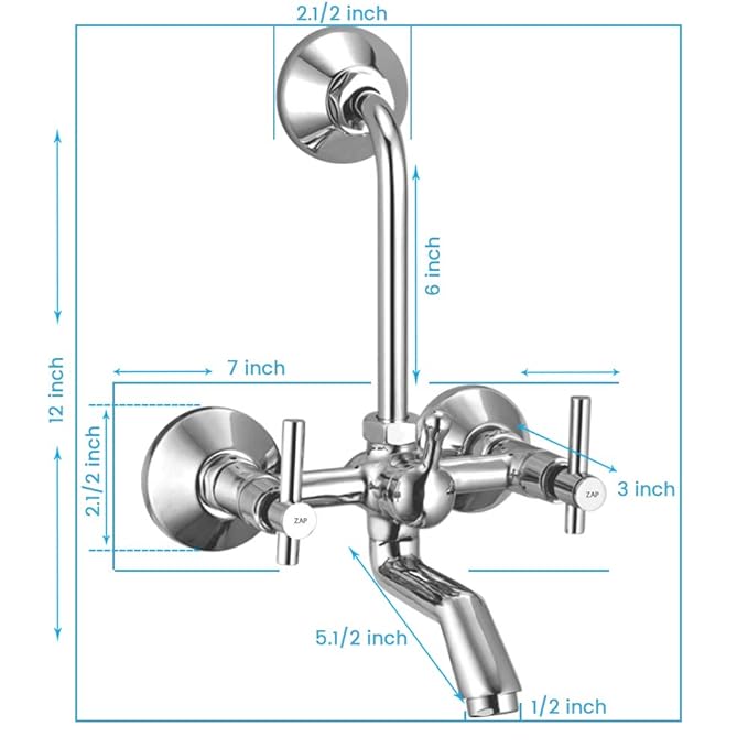 ZAP TRM Series Brass Wall Mixer with Overhead Shower System Set and 125mm Long Bend Pipe | Chrome Finish | Bathroom Tap for Hot and Cold Water Control | Durable & Rust Resistant