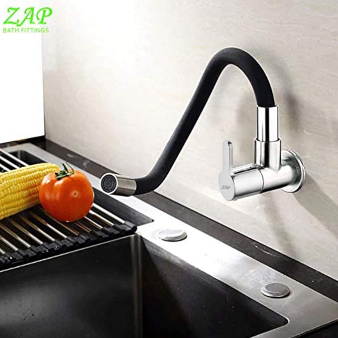 ZAP Brezza Flexible Kitchen Sink Tap with Pull-Down Sprayer | 360° Rotatable Silicone Faucet | Single Flow Water Outlet | Black | Durable Brass Body