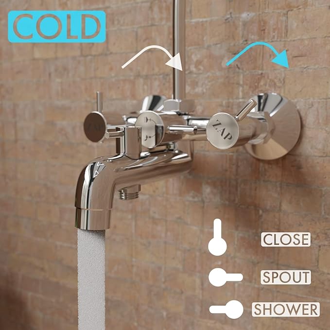 ZAP Elixir Series 100% High Grade Brass 3-in-1 Wall Mixer with Provision for Overhead Shower and 125mm Long Bend Pipe, Chrome Finish