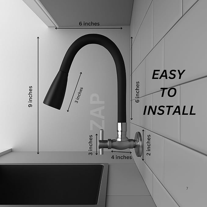 ZAP Terrim Flexible Kitchen Sink Tap with Pull-Down Sprayer | 360° Rotatable Silicone Faucet | Single Flow Water Outlet | Black | Durable Brass Body
