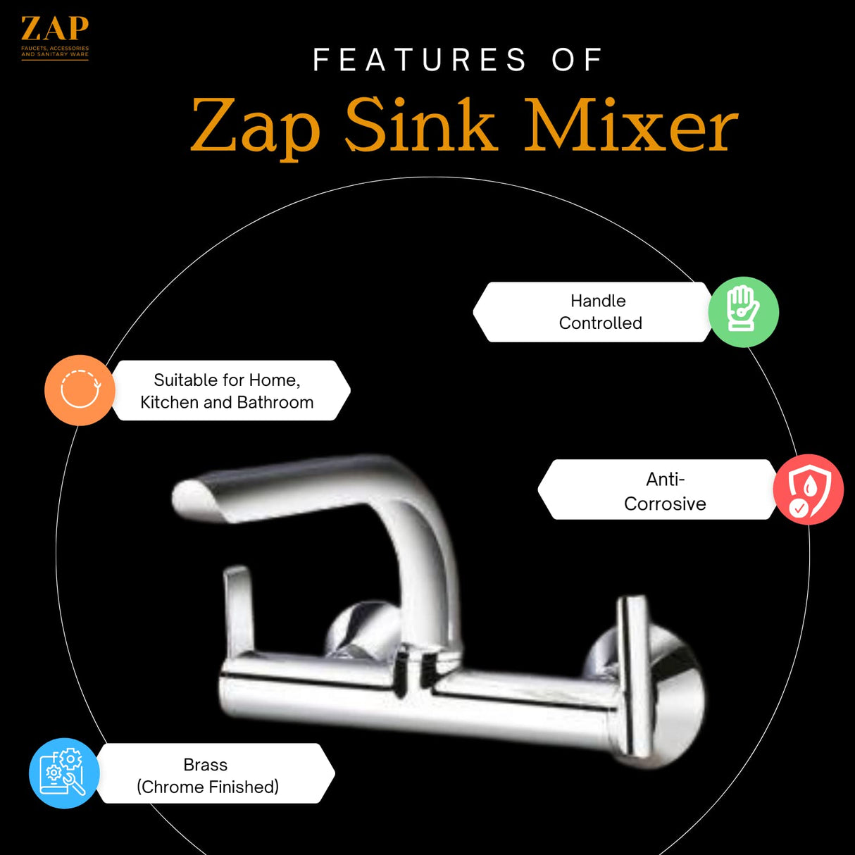 ZAP Ultra Cube Series Brass Sink Mixer – Wall Mounted Kitchen Tap with Swinging Spout | Hot & Cold Water Mixer for Home, Kitchen, and Bar Sinks | Chrome Finish Faucet