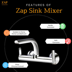 ZAP Ultra Cube Series Brass Sink Mixer – Wall Mounted Kitchen Tap with Swinging Spout | Hot & Cold Water Mixer for Home, Kitchen, and Bar Sinks | Chrome Finish Faucet
