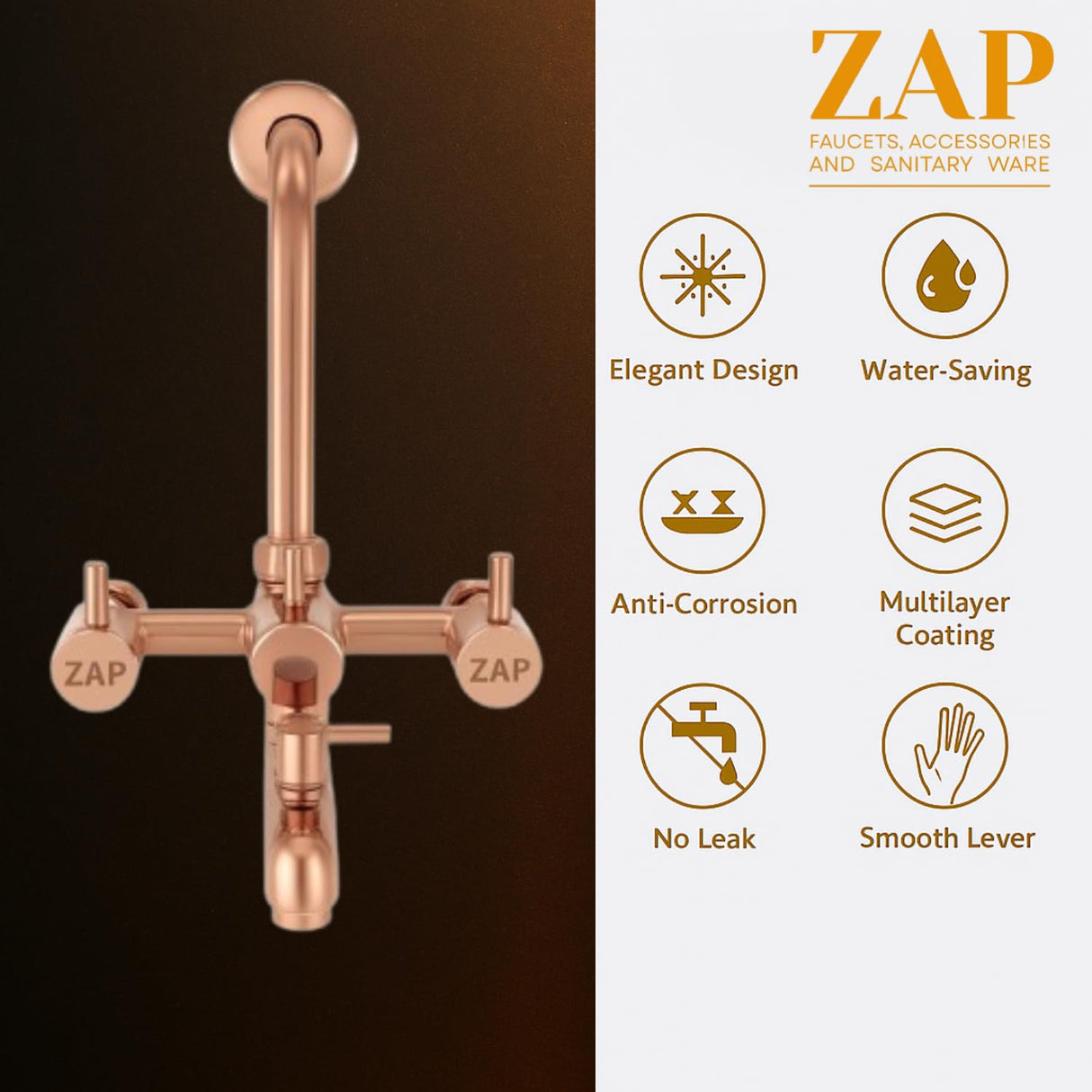 Elixir Rose Gold 3-in-1 Brass Wall Mixer Set